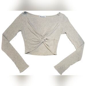 Reformation Ribbed Twist Front Long Sleeve Crop Top Small Oatmeal Neutral